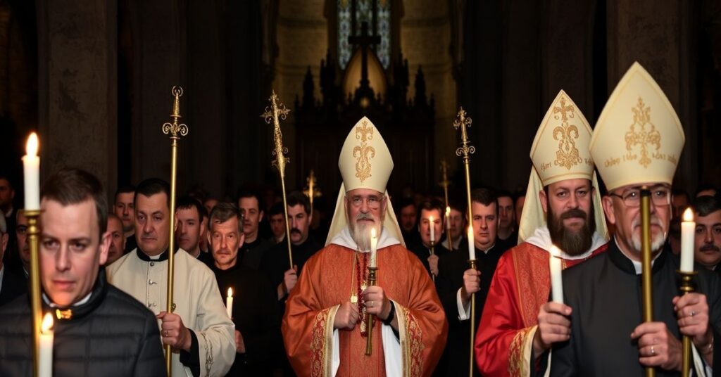 Pobożni mężczyźni w tradycyjnej katolickiej procesji w Ostrowie Wielkopolskim pod przywództwem fałszywego biskupa Damiana Bryla