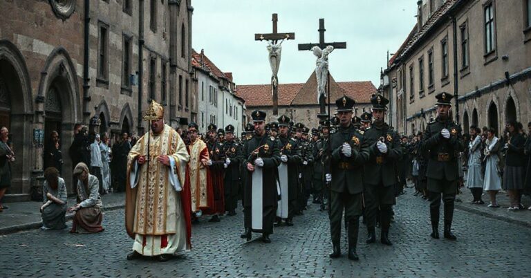 Procesja wojskowa w tradycyjnym katolickim stylu przed gotyckim budynkiem z krzyżem