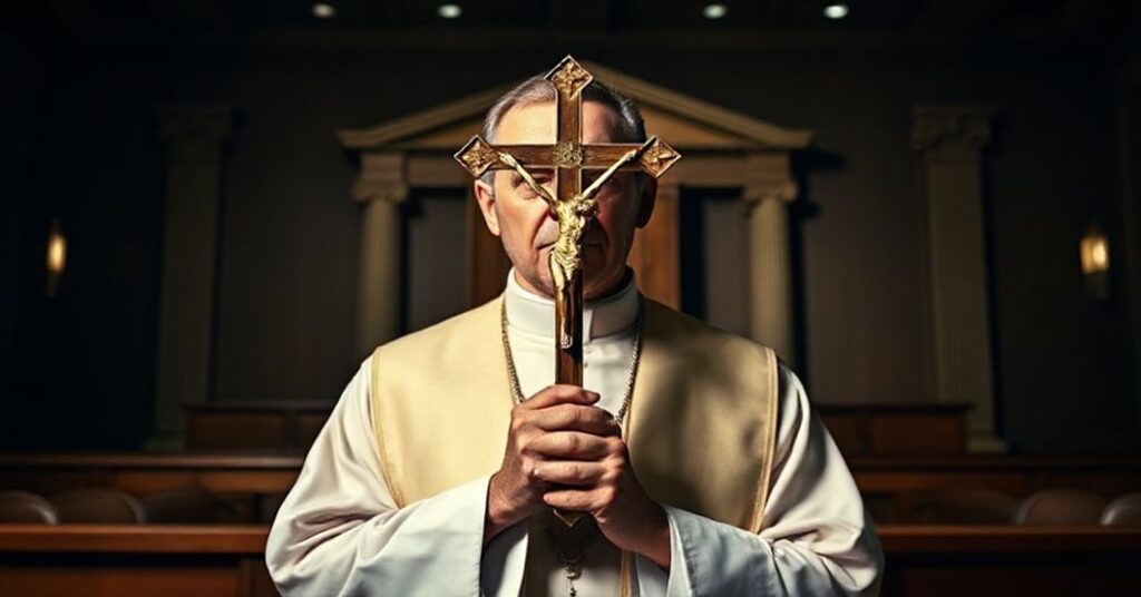 Kawalerowie w tradycyjnych szatach kościelnych stoi przed sądem z krzyżem, symbolizując walkę między prawem boskim a świeckim humanizmem.