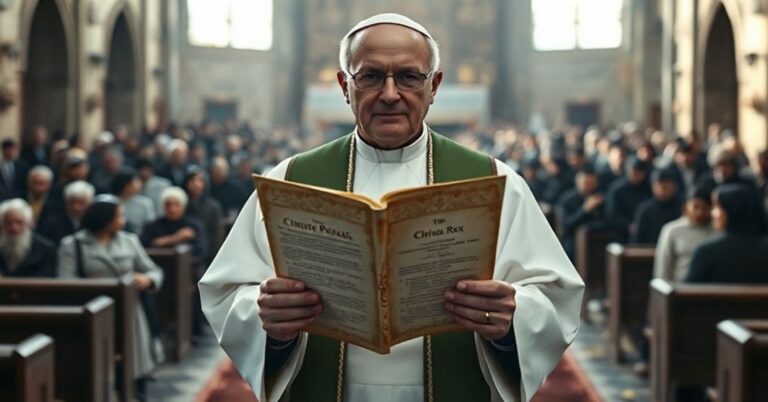 Ksiądz w tradycyjnych szatach kościelnych stoi przed splądrowanym ołtarzem w kościele. Trzyma rozdartego egzemplarza encykliki Quas Primas z widocznymi słowami 'Chrystus Król'. Tło przedstawia bezimienną tłum symbolizującą prześladowanie religijne. Scena jest oświetlona naturalnym światłem podkreślającym kontrast pomiędzy sakralnym a profanum. Wyraz twarzy księdza wyrazem głębokiego smutku i determinacji.