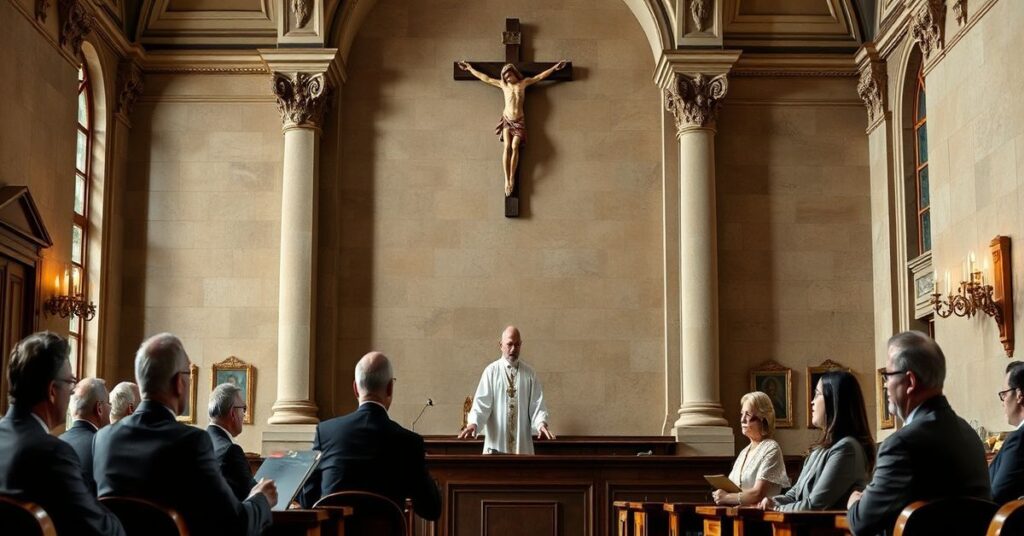 Zdjęcie przedstawiające scenę sądową w tradycyjnym rzymskokatolickim kościele, z grupą byłych opozycjonistłw i katolickimi symbolami.