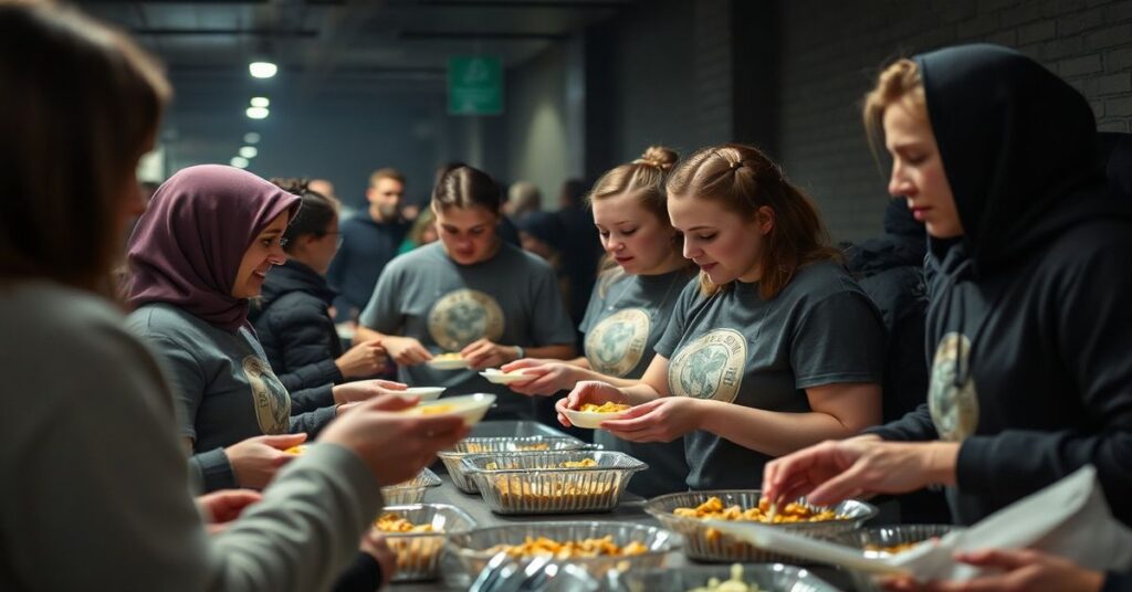 Młodzi wolontariusze Fundacji Dzieło Nowego Tysiąclecia rozdają posiłki w urbanistycznym środowisku, bez widocznej duchowej głębi.