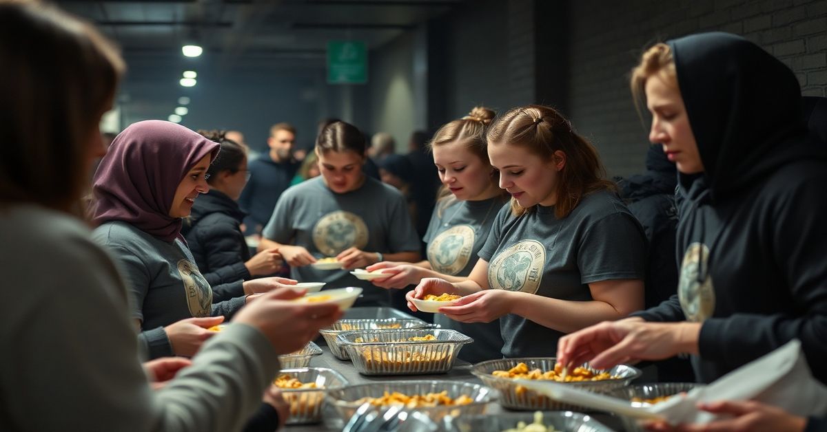 Młodzi wolontariusze Fundacji Dzieło Nowego Tysiąclecia rozdają posiłki w urbanistycznym środowisku, bez widocznej duchowej głębi.