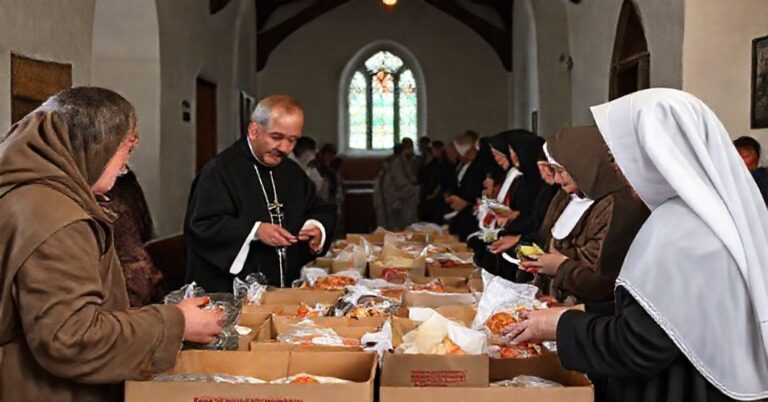 Tradycyjni katoliccy wolontariusze udzielają pomocy w kontekście nadprzyrodzonej miłości chrześcijańskiej