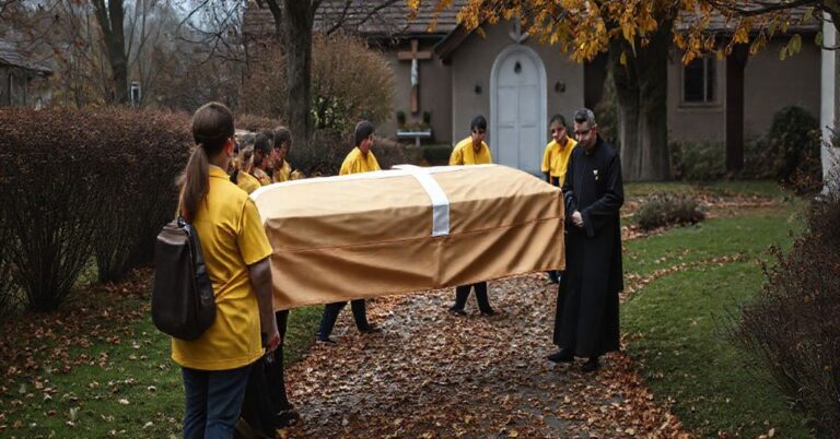 Grupa wolontariuszy w zółtych koszulach i ksiądz w sutannie niosą trumnę ozdobioną białym krzyżem, z widokiem kaplicy w tle. Scena oddaje powagę towarzyszenia umierającym i modlitwy za dusze czyśćcowe.