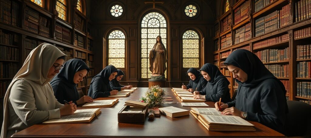 Grupa wolontariuszy w Bibliotece Uniwersyteckiej w Warszawie starannie przepisuje stare rękopisy w historycznym sali z oknami witrażowymi i drewnianymi regałami książkowymi.