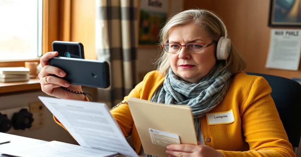 Zdjęcie wolontariuszki Julie Abbott pracującej w biurze Catholic Charities USA, otoczonej dokumentami i notatkami.