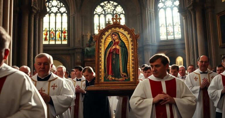 Uroczyście wprowadzanie Ikony Matki Bożej Częstochowskiej do katedry Notre-Dame w polskiej kaplicy ocalałej po pożarze. Scena tradycyjna w katolickim stylu z uroczystą procesją i architekturą gotycką.