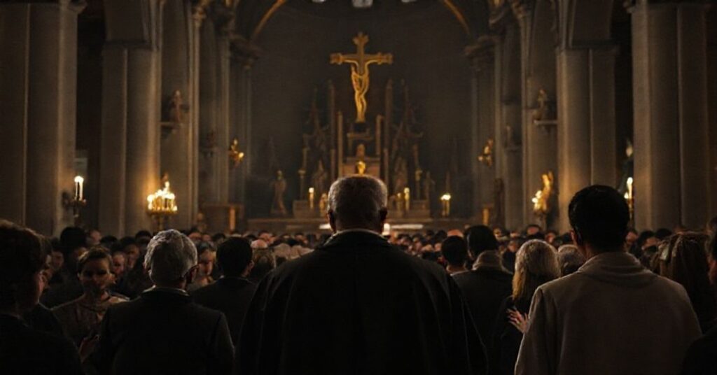 Obraz przedstawia nierealne uroczystości niepodległościowe we Wrocławiu w bazylice św. Elżbiety pod przewodnictwem pseudo-duchownego Janusza Radzika.