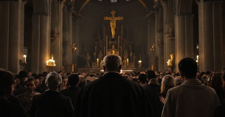 Obraz przedstawia nierealne uroczystości niepodległościowe we Wrocławiu w bazylice św. Elżbiety pod przewodnictwem pseudo-duchownego Janusza Radzika.