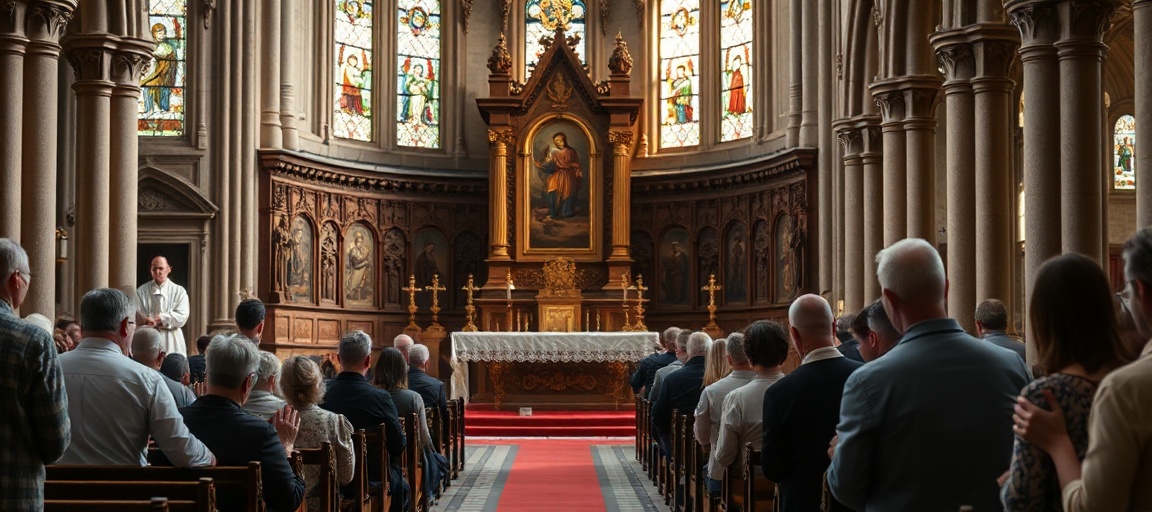 Tradycyjny wnętrze kościoła z pustym ołtarzem i modląciem się wiernymi w Wrocławiu