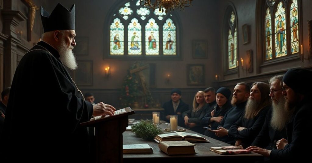 Pseudohierarcha Józef Kupny przemawia do kleryków w Wrocławskim Wyższym Seminarium Duchownym podczas przedświątecznego spotkania.