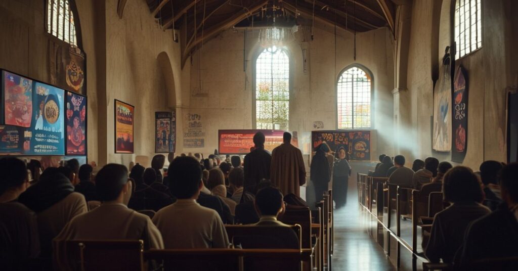 Zgromadzenie w kościele wrocławskim podczas modernistycznego Tygodnia Małżeństwa