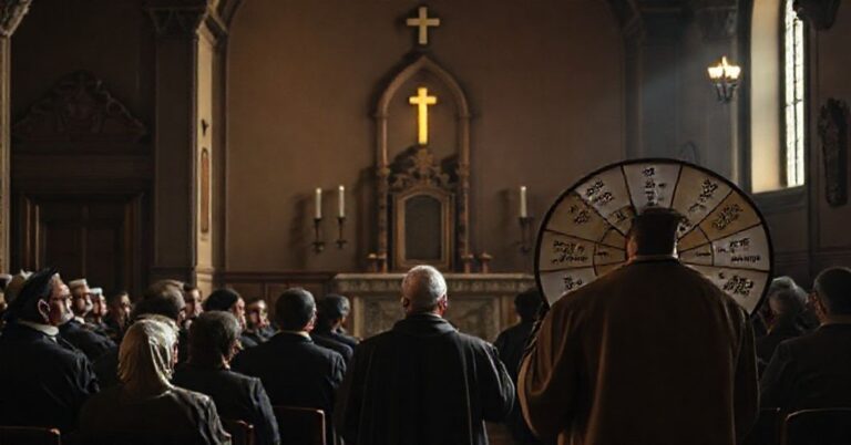 Zdjęcie przedstawiające opuszczoną katolicką kaplicę z pustym tronem św. Piotra i fałszywymi biskupami propagującymi nowoczesne błędy synodalne.
