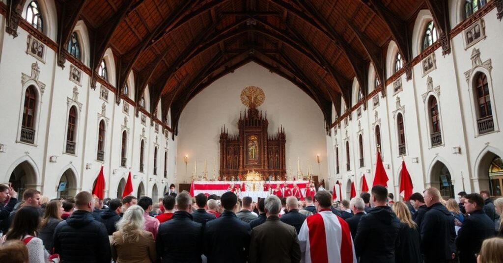 Wnętrze kościoła w Wrocławiu podczas mszy za żołnierzy Armii Krajowej z wojskową asystą honorową.