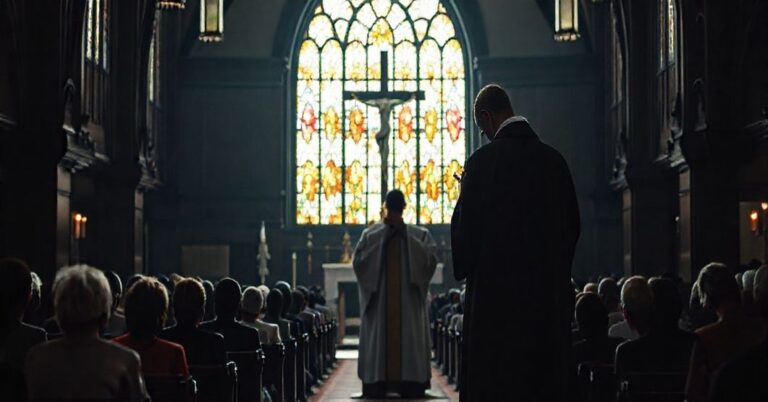 Wierni modlący się w tradycyjnym koście katolickim z postawą pokuty przed krzyżem.