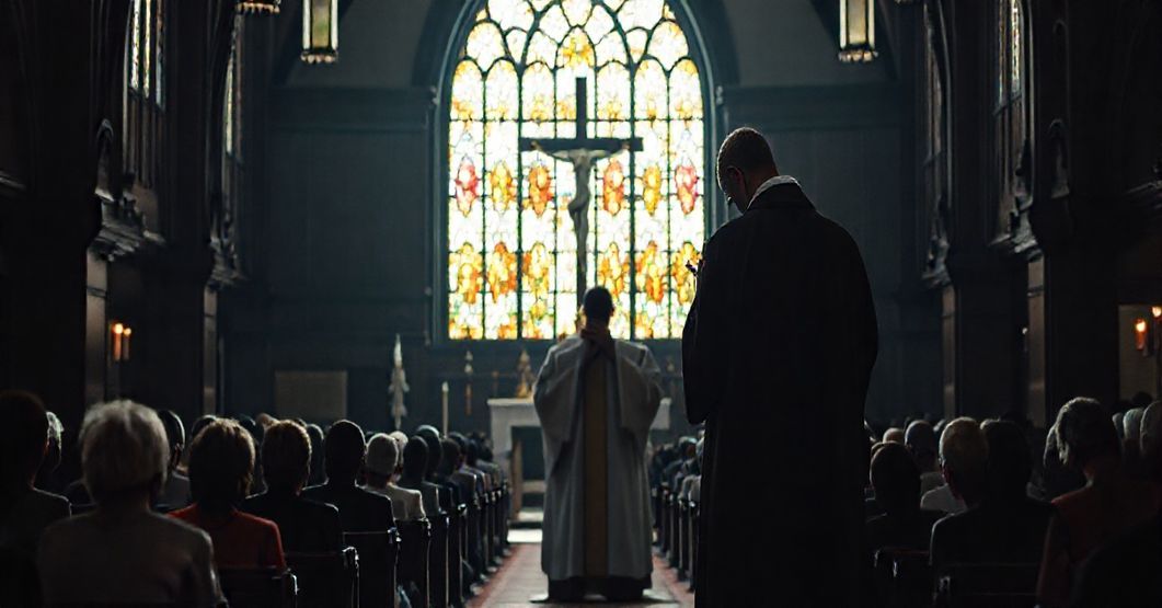 Wierni modlący się w tradycyjnym koście katolickim z postawą pokuty przed krzyżem.