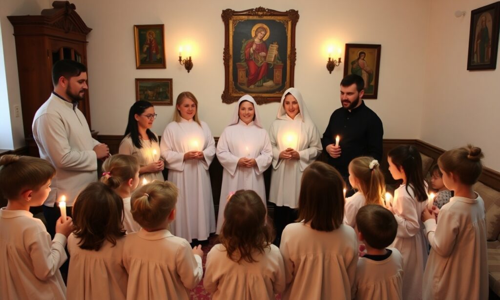 Grupa dzieci i ich rodziców przygotowujących się do Pierwszej Komunii Świętej w tradycyjnym katolickim otoczeniu