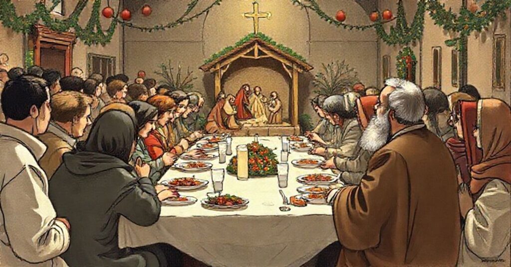 Scena z wydarzenia "Święta z Ubogimi" organizowanego przez Wspólnotę Sant'Egidio. Grupa ludzi siedzi przy stole z posiłkiem, ale bez widocznych symboli religijnych. W tle wyblakła szopka bożonarodzeniowa