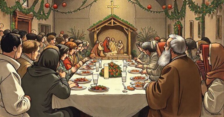 Scena z wydarzenia "Święta z Ubogimi" organizowanego przez Wspólnotę Sant'Egidio. Grupa ludzi siedzi przy stole z posiłkiem, ale bez widocznych symboli religijnych. W tle wyblakła szopka bożonarodzeniowa