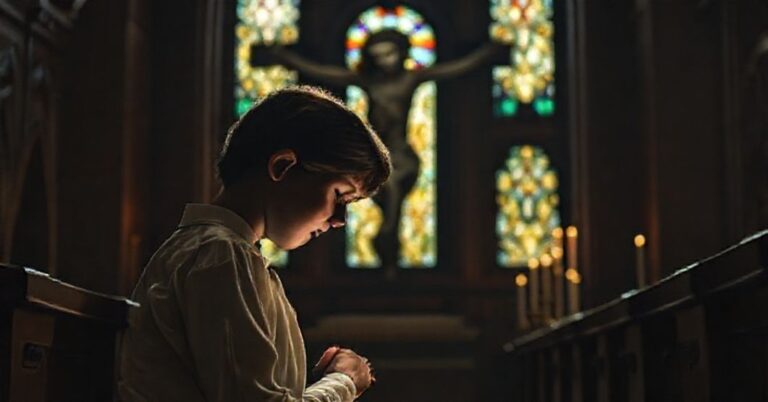 Młody człowiek w modnej odzieży modlitwiejąc w konfesjonał w tradycyjnym kościele katolickim