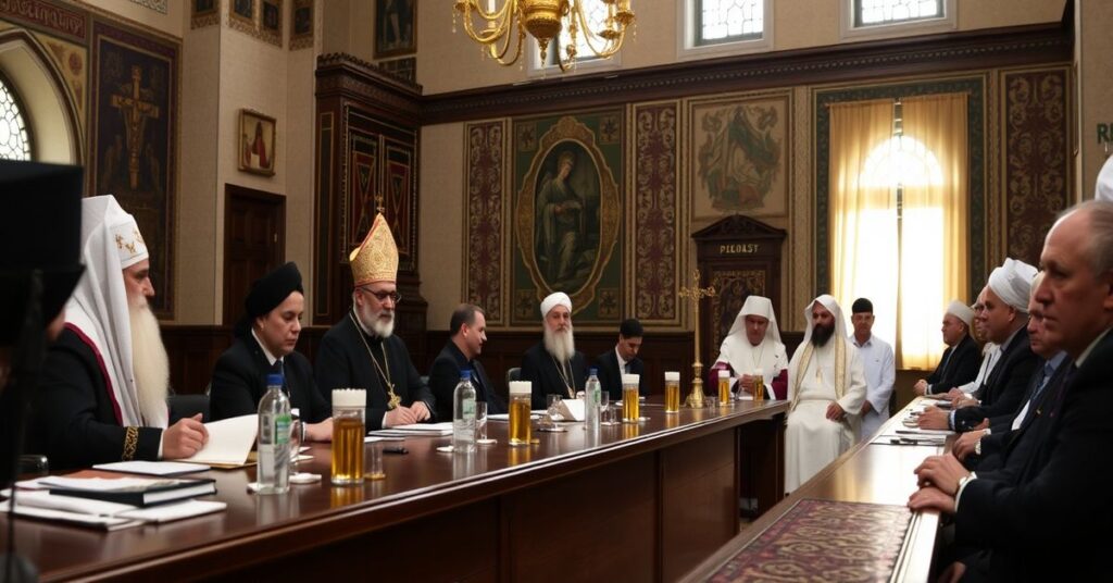 Uroczyste posiedzenie Wszechukraińskiej Rady Kościołów i Organizacji Religijnych w meczecie pod przewodnictwem heretyckiego biskupa protestanckiego i muzułmańskiego szejka.