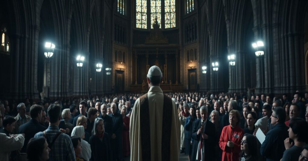 Pesymistyczna scena w Katedrze Westminsterskiej podczas obrzędu wtajemniczenia z arcybiskupem Richardem Mothem na czele.