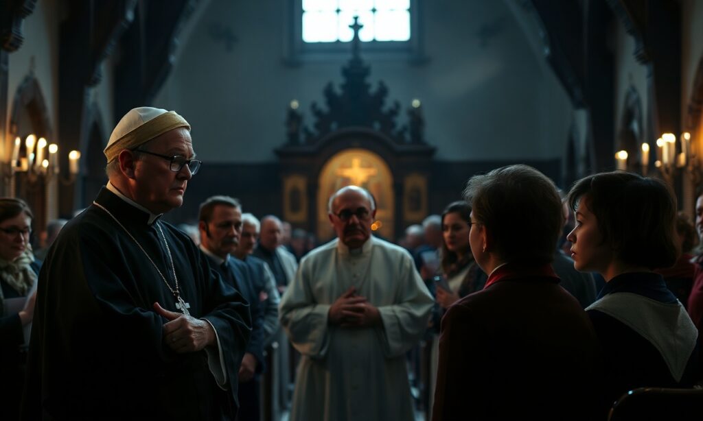 Grupa wiernych i duchownych w tradycyjnym kościele katolickim dyskutuje o wyborze biskupów