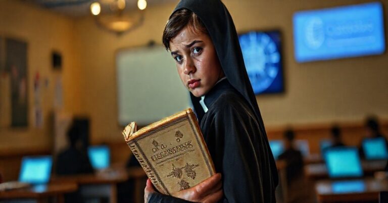 Młody katolik w tradycyjnym ubiorze, smutny i zatroskany, trzymający stare katechizm, z widokiem nowoczesnej sali lekcyjnej w tle.