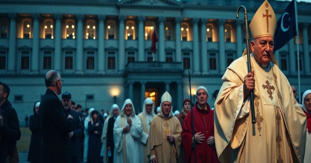 Obraz przedstawiający wygnanie katolickich misjonarzy z Turcji na tle budynku Parlamentu Europejskiego.