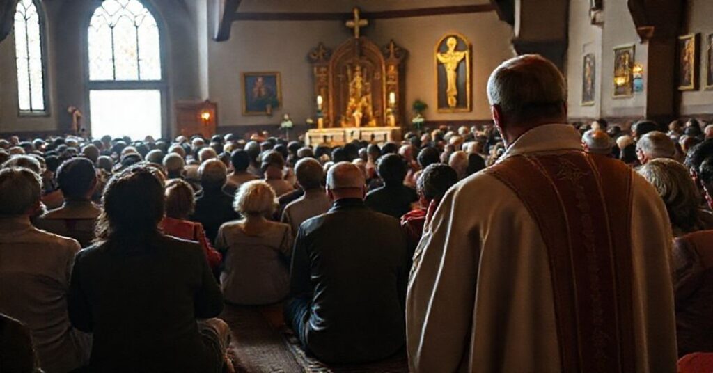 Wierni przeżywają uroczystą Mszę trydencką w tłumionej kaplicy przed wygnaniem do protestanckiej świątyni