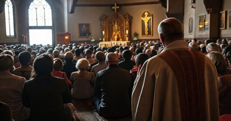 Wierni przeżywają uroczystą Mszę trydencką w tłumionej kaplicy przed wygnaniem do protestanckiej świątyni