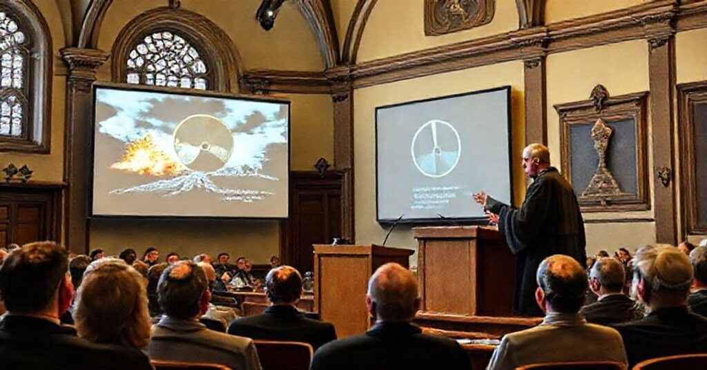Sala wykładowa na Wydziale Teologicznym we Florencji podczas wykładu "abpa" Paula Richarda Gallaghera na temat zagrożenia nuklearnego w 2025 roku.