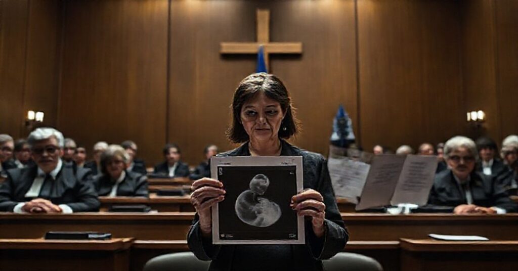 Sala sądowa w Strasburgu w 2025 roku podczas wyroku ETPC dotyczącego zakazu aborcji eugenicznej w Polsce.