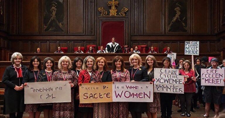 Grupa kobiet z National Federation of Women's Institutes w sądzie, trzymające transparenty z napisem 'Kobieta to fakt biologiczny' po wyroku Sądu Najwyższego w Wielkiej Brytanii potwierdzającym definicję kobiety jako osoby płci żeńskiej.