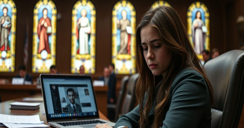 Młoda kobieta w sądzie, otoczona dokumentami prawnymi i laptopem z portalami społecznościowymi.