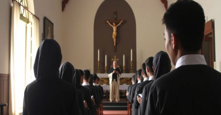 Tulaczki na wyspie Flores w Indonezji modlące się przed ołtarzem w tradycyjnym seminarium katolickim