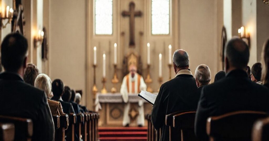 Tradycyjny wnętrze kościoła katolickiego z ołtarzem i kaznodzieją w sutannie.
