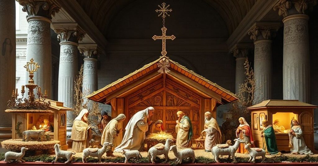 Wierna reprodukcja kontrowersyjnej wystawy "100 szopek" w Watykanie z perspektywy katolickiej tradycji, ukazująca profanację Bożego Narodzenia.