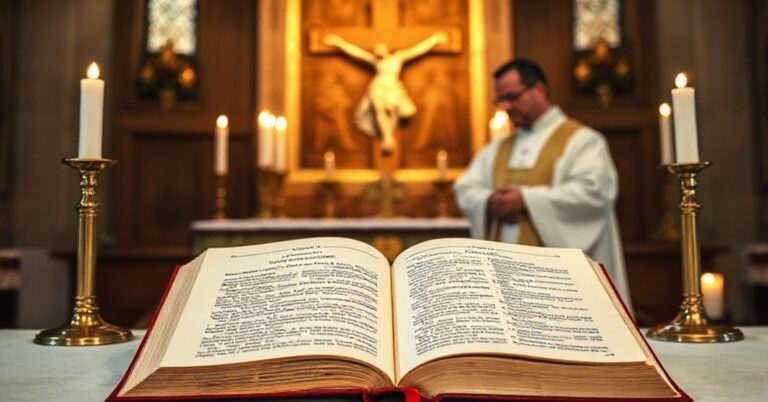 Tradycyjny ołtarz z księgą prawa kanonicznego otwartą na sekcji o wakatowaniu Stolicy Piotrowej, przyświecające świece liturgiczne i krzyż w tle. Kleryk w tradycyjnych szatach modli się w milczeniu.