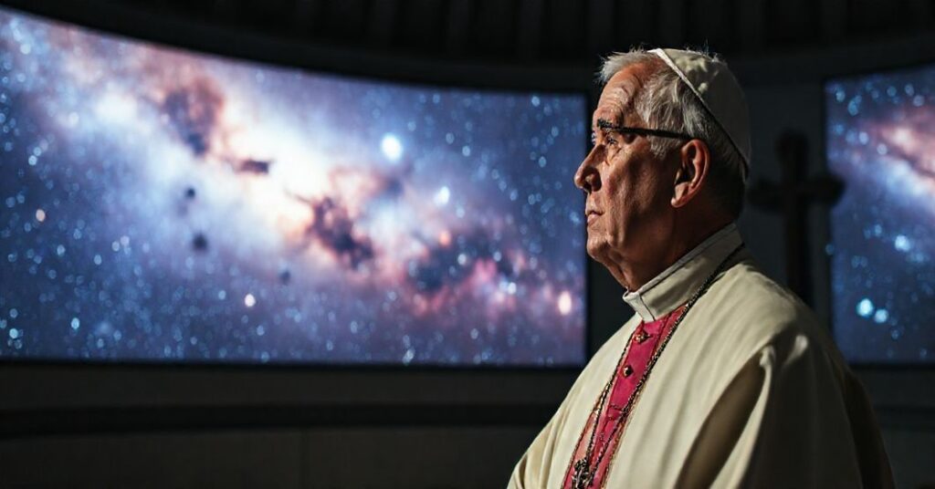 Czcigodny kapłan w tradycyjnych szatach kościłskich patrzy z troską na wystawę kosmicznych obrazów w Watykańskim Obserwatorium Astronomicznym, podkreślając konflikt między wiarą a modernistyczną kosmologią