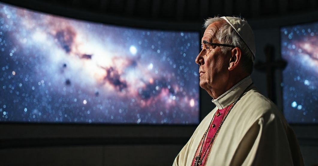 Czcigodny kapłan w tradycyjnych szatach kościłskich patrzy z troską na wystawę kosmicznych obrazów w Watykańskim Obserwatorium Astronomicznym, podkreślając konflikt między wiarą a modernistyczną kosmologią