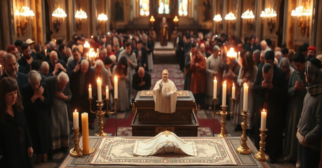 Sobótna wystawa relikwii św. Franciszka w Asyżu z modlącymi się wiernymi w tradycyjnym kościele katolickim