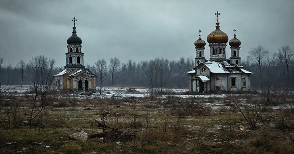 Zniszczone krajobrazy ukraińskie na wystawie w BWA we Wrocławiu, z porzuconymi cerkwiami w tle.