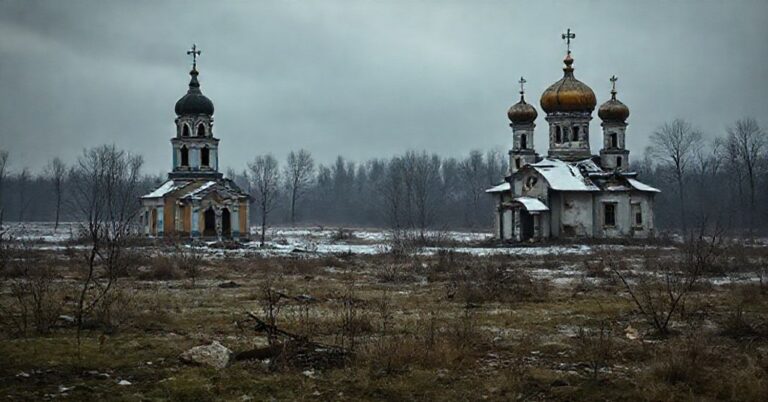 Zniszczone krajobrazy ukraińskie na wystawie w BWA we Wrocławiu, z porzuconymi cerkwiami w tle.