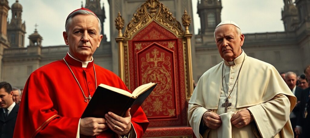 Sobór watykański II i jego złe owocowanie: Portret kardynała Stefana Wyszyńskiego i 'papieża' Pawła VI podczas polskiego tysiąclecia chrztu w 1966. Symboliczny obraz obłudy duchowej.