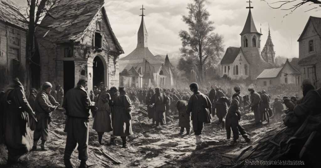 Realistyczny obraz wyzwolenia obozu Auschwitz przez Armię Czerwoną w 1945 roku, ukazujący wyczerpane więźniarki i kapłańskie obecności symbolizujące opór duchowy.