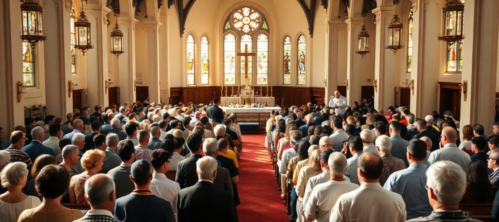 Wnętrze tradycyjnego kościoła katolickiego z ołtarzem wypełnionym 200 osobami uczestniczącymi w liturgii Novus Ordo