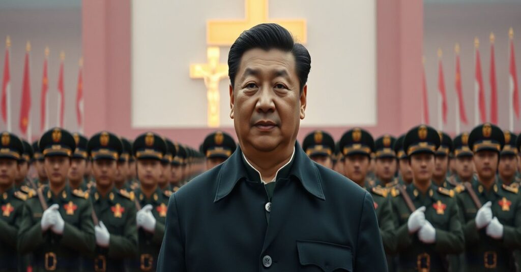 Xi Jinping przed chińską armią z krzyżem katolickim w tle - symbolika konsolidacji władzy i duchowej pustki.