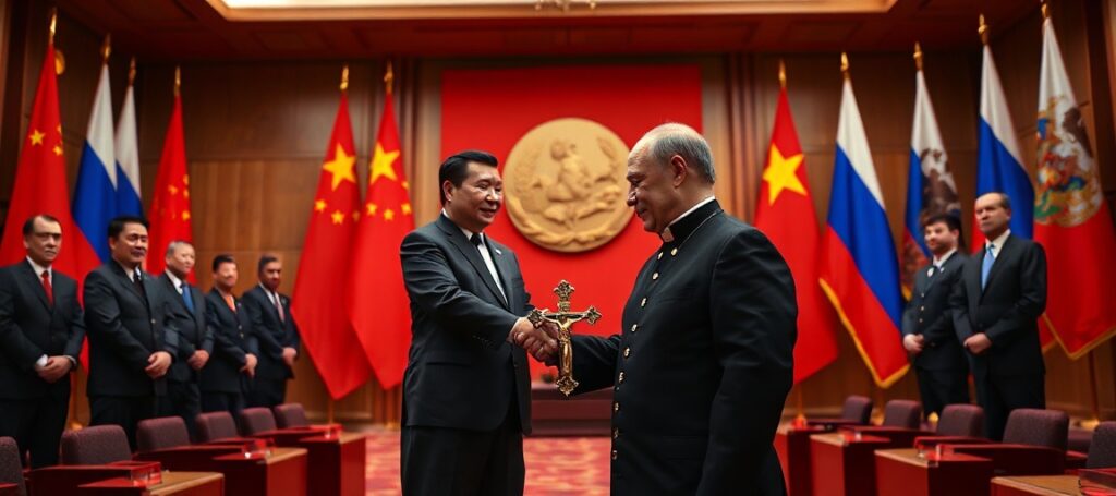 Xi Jinping i Władimir Putin w Pekinie w 2026 roku - katolicki kapłan z krzyżem obserwujący ich układ. Symbol sojuszu antychrześcijańskiego.